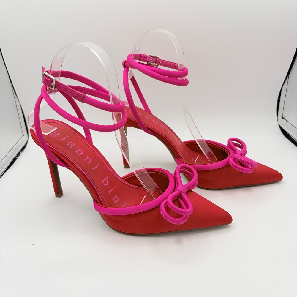 Gianni Bini Pumps Size 8 Barbiecore Red Pink Satin Bow Ankle Strap Stiletto Heel